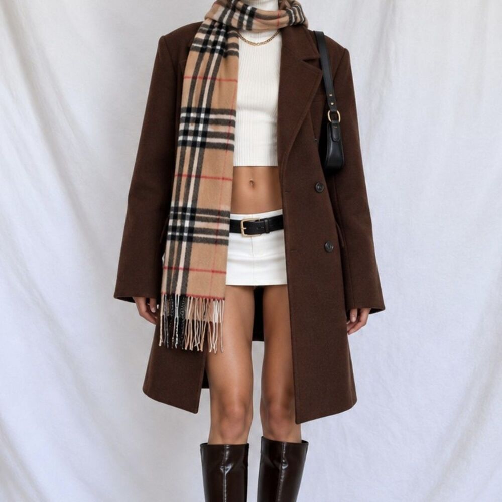 Vintage Y2K Brown Plaid Checkered Cashmere Fringe Scarf